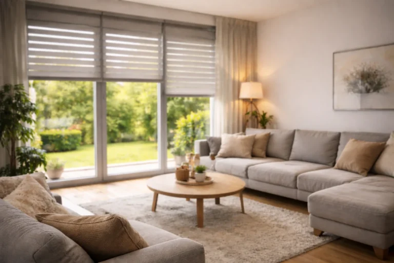 Nowoczesny salon z dużym przeszkleniem i inteligentnymi roletami wewnętrznymi