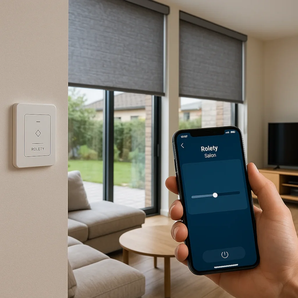 Nowoczesny salon z inteligentnymi roletami sterowanymi smartfonem