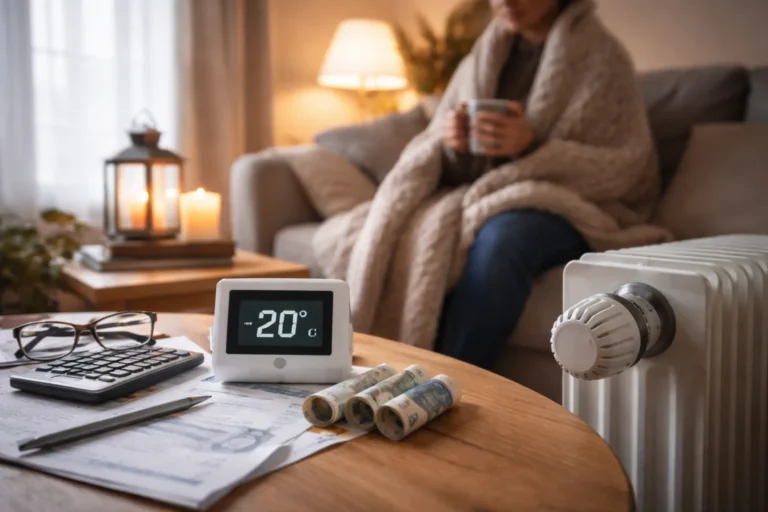 Przytulny salon zimą z grzejnikiem, termostatem ustawionym na 20°C, kalkulatorem i rachunkami na stole