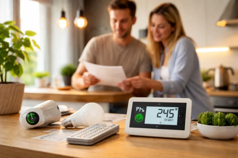 Nowoczesna kuchnia z licznikiem energii, żarówkami LED i parą analizującą zużycie prądu w domu