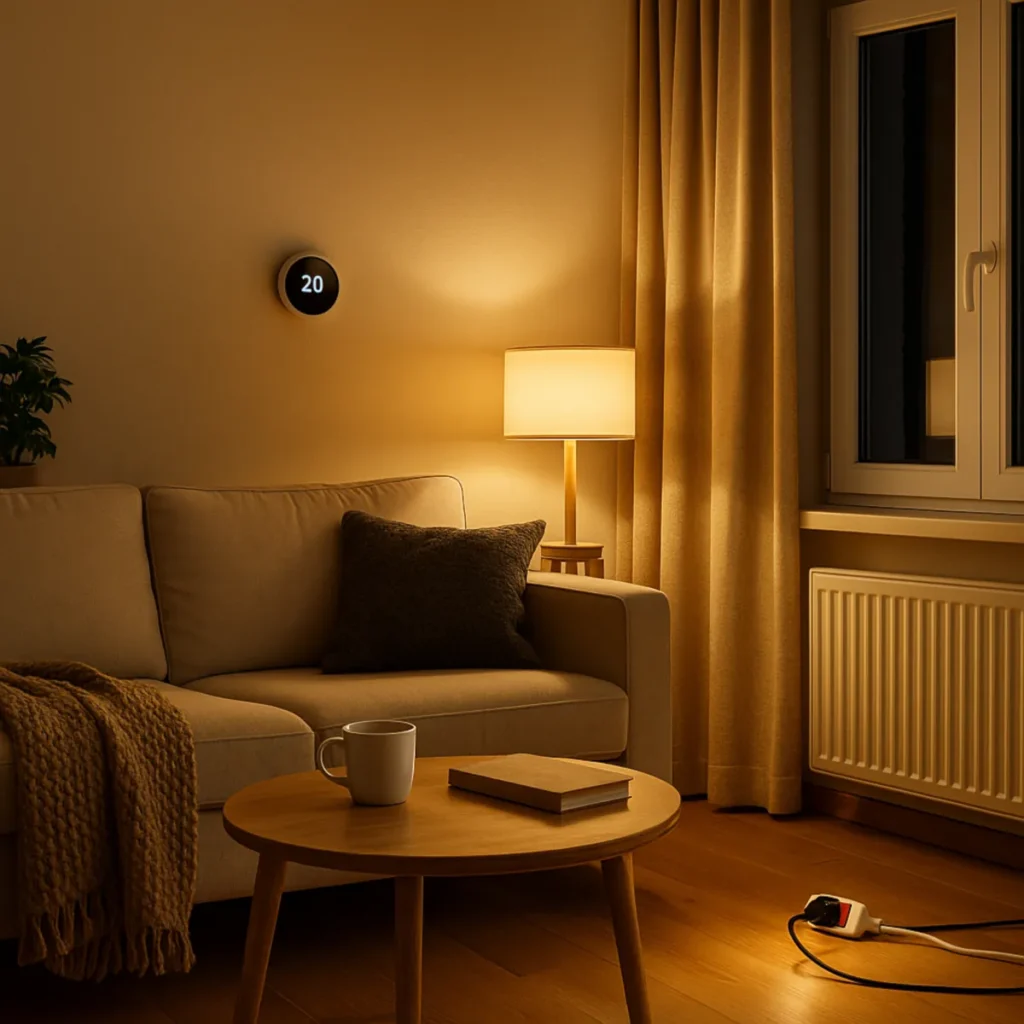Salon wieczorem z ciepłym oświetleniem LED, termostatem ustawionym na 20°C, szczelnym oknem i niezasłoniętym grzejnikiem – jak skutecznie oszczędzać energię w domu.