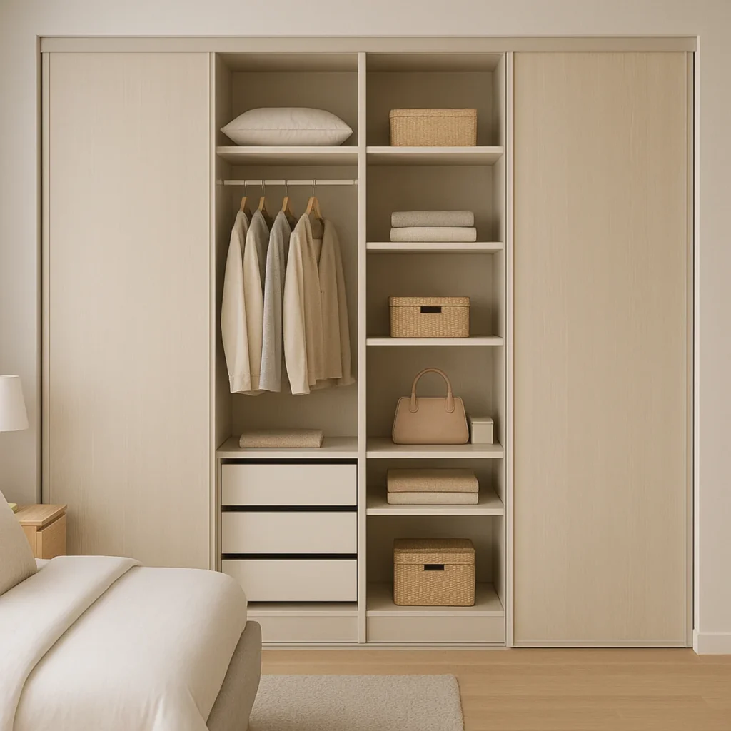 Nowoczesna jasna sypialnia pokazująca jak zaplanować szafę modułową z podziałem na strefy wieszania, półek i szuflad, drzwi przesuwne, uporządkowane ubrania i dodatki