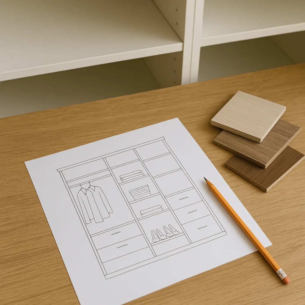 Blat roboczy z rysunkiem projektu szafy modułowej, miarką, ołówkiem i próbkami płyt, w tle fragment wnęki z pustym korpusem szafy pokazujący jak zaplanować szafę modułową krok po kroku
