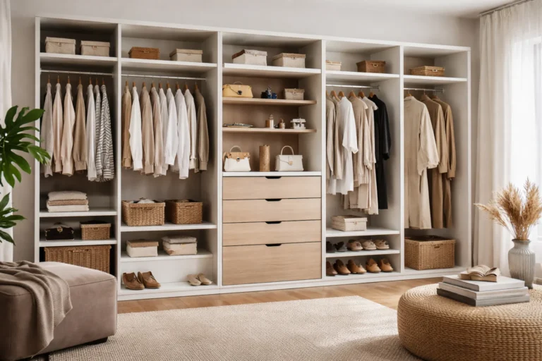 Nowoczesna szafa modułowa w sypialni z otwartymi półkami, drążkami, szufladami i uporządkowaną przestrzenią do przechowywania