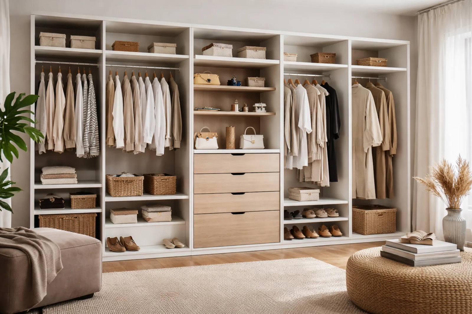 Nowoczesna szafa modułowa w sypialni z otwartymi półkami, drążkami, szufladami i uporządkowaną przestrzenią do przechowywania