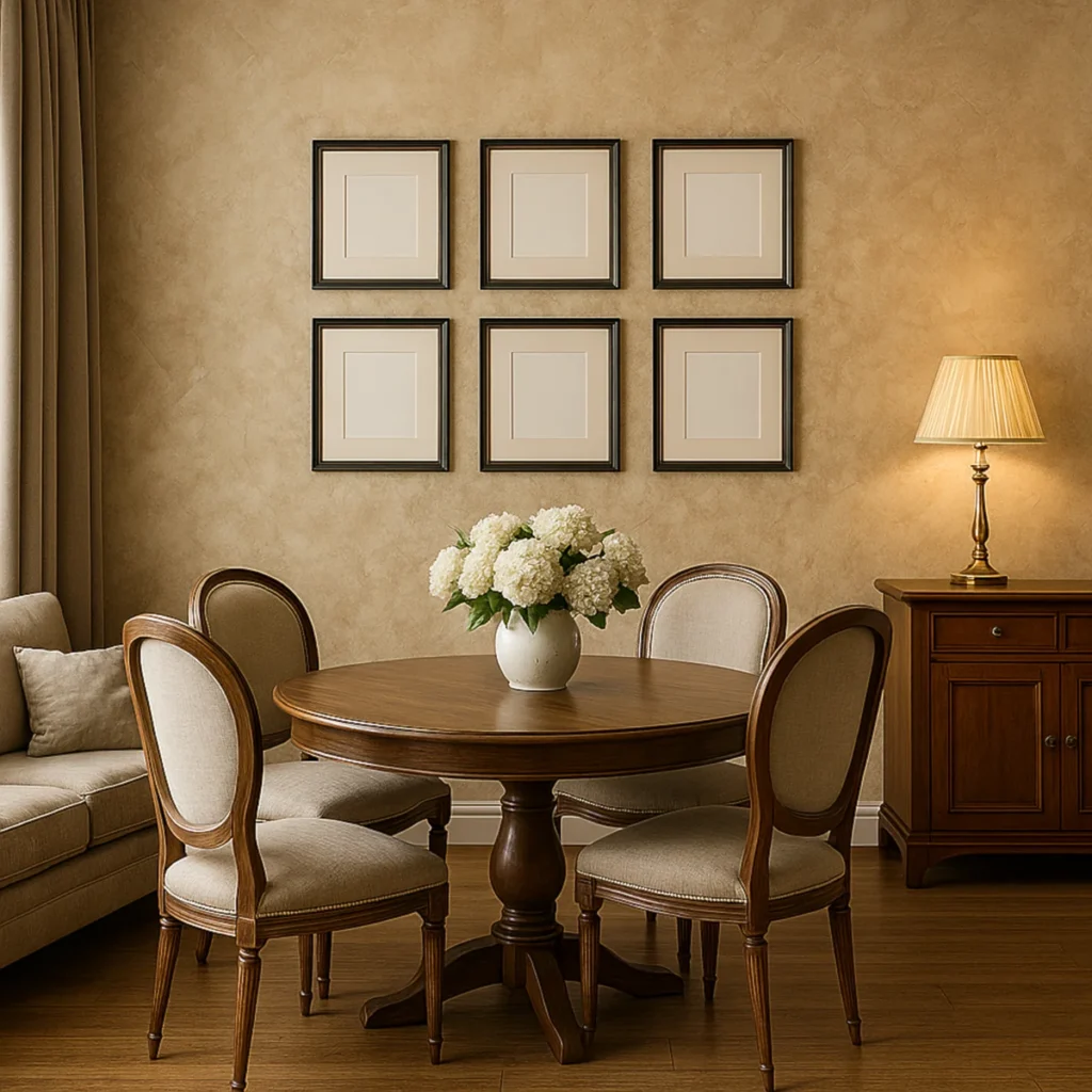 Klasyczna jadalnia w salonie z beżowym tynkiem dekoracyjnym i drewnianym stołem