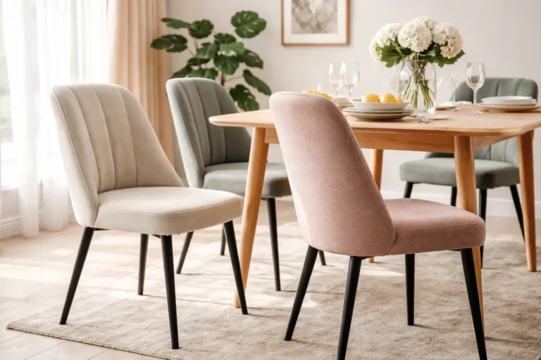 Krzesła tapicerowane do jadalni przy drewnianym stole w jasnym wnętrzu, z tkaninami łatwymi w czyszczeniu