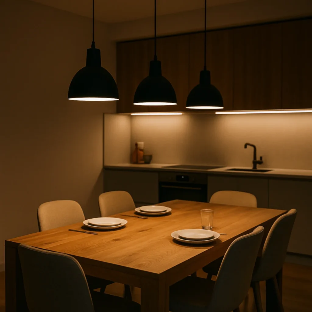 Lampy nad stół do jadalni w nowoczesnej kuchni z drewnianym stołem