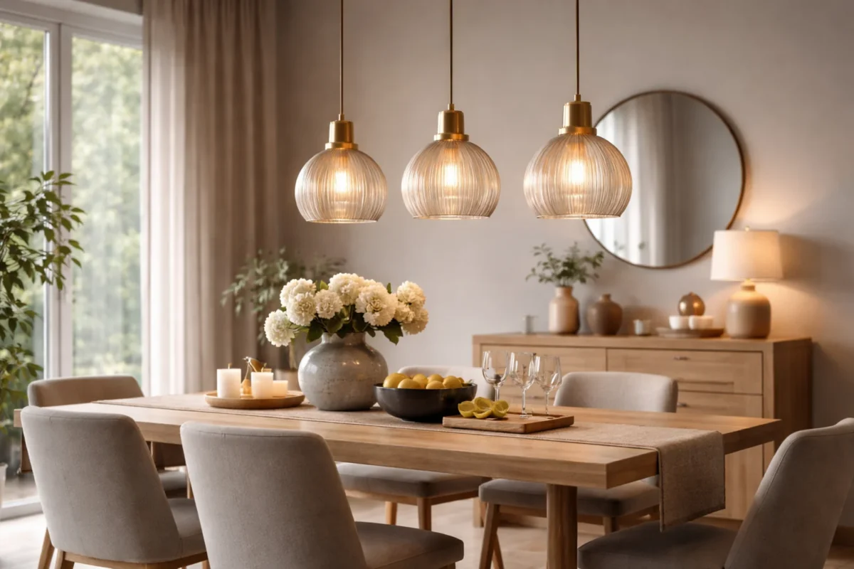 Nowoczesna jadalnia z drewnianym stołem i trzema lampami wiszącymi nad blatem