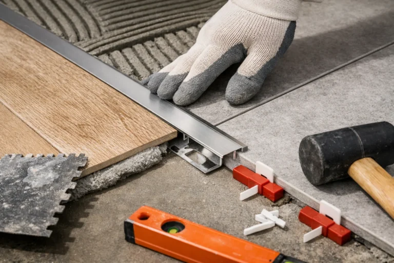 Zbliżenie na montaż dużej płytki podłogowej na kleju z użyciem klipsów poziomujących