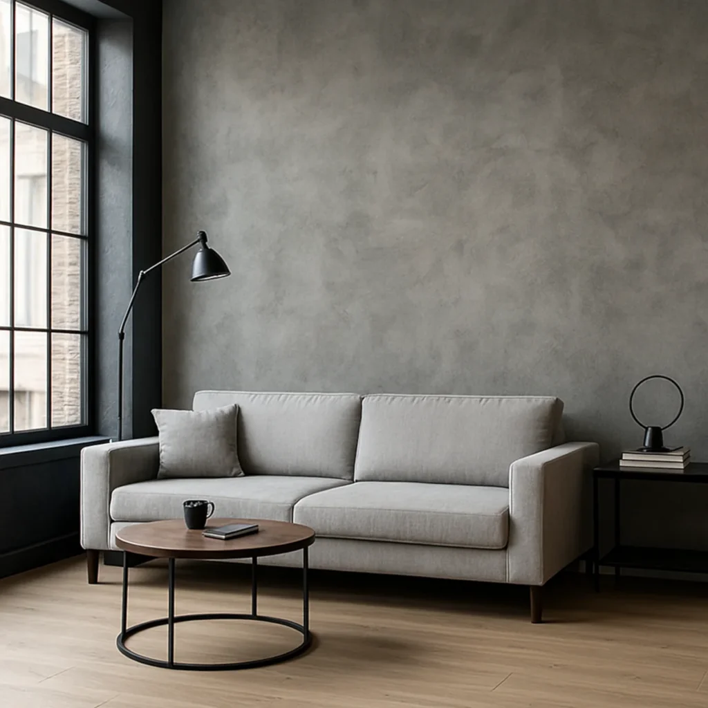 Loftowy salon z szarym tynkiem dekoracyjnym i dużym oknem industrialnym