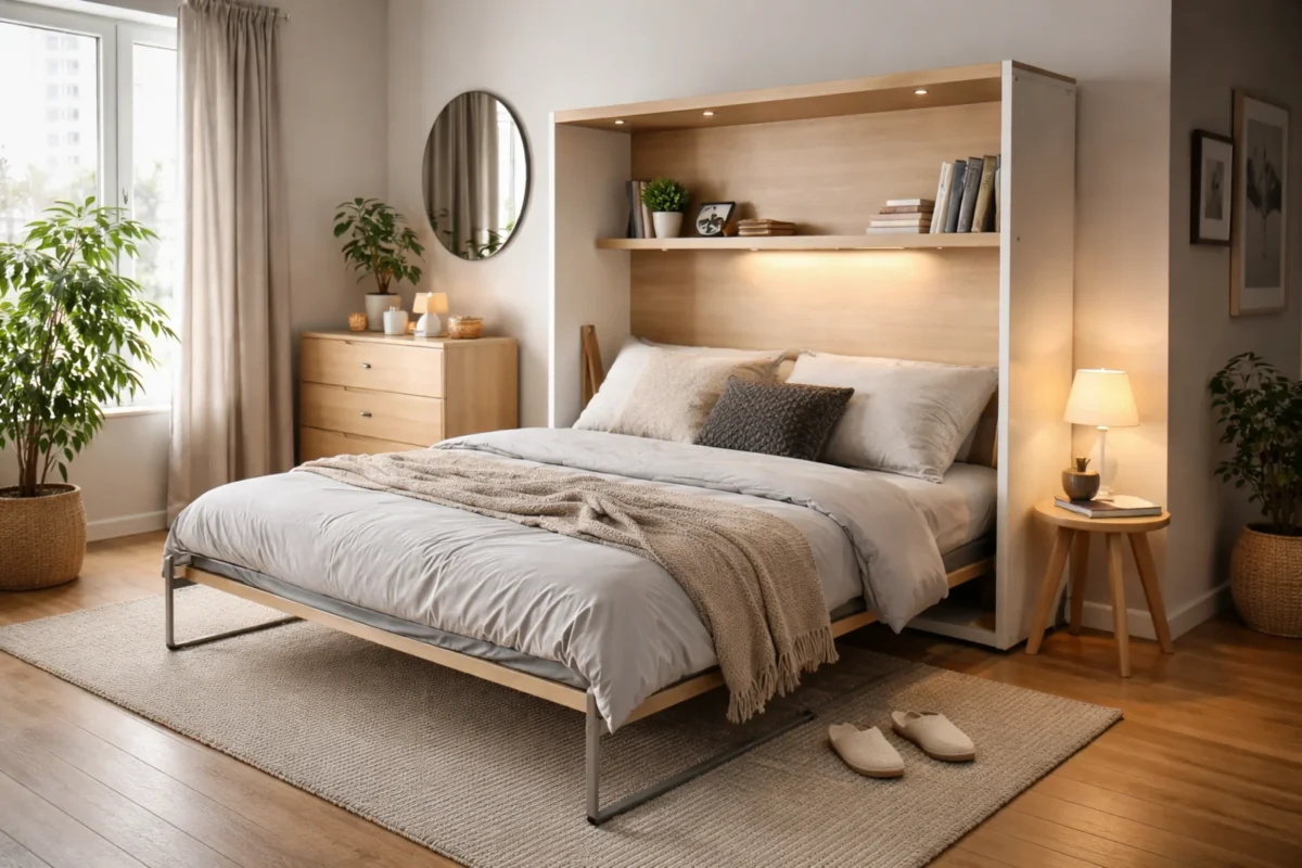 Łóżko składane do sypialni w nowoczesnym jasnym wnętrzu z drewnianą zabudową i miękką pościelą