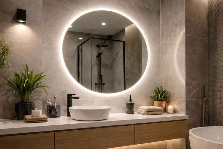 Lustro do łazienki z oświetleniem LED nad umywalką w nowoczesnej łazience z drewnianą szafką i jasnymi płytkami