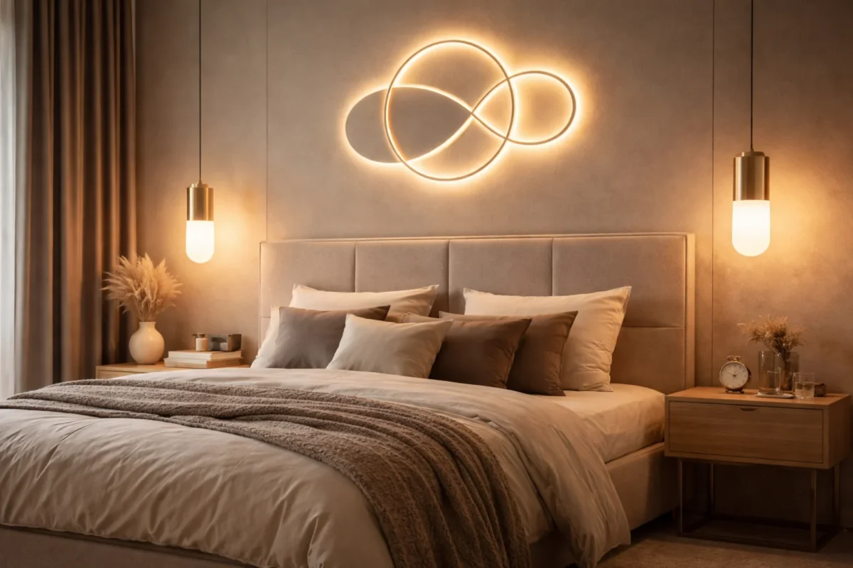 Nowoczesna sypialnia z tapicerowanym łóżkiem i ciepłym oświetleniem lamp wiszących oraz dekoracyjną lampą ścienną
