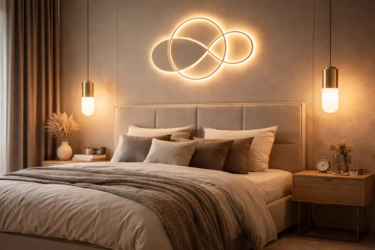 Nowoczesna sypialnia z tapicerowanym łóżkiem i ciepłym oświetleniem lamp wiszących oraz dekoracyjną lampą ścienną