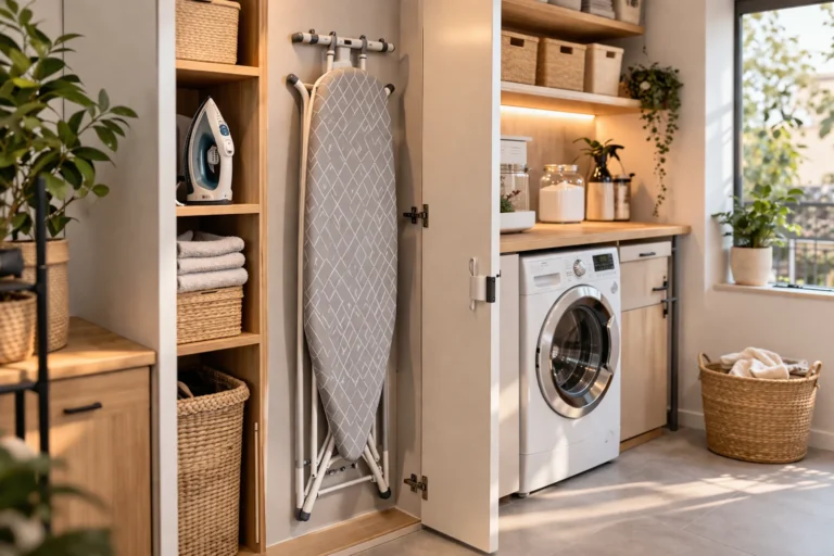 Przechowywanie deski do prasowania w małej pralni – deska zawieszona na ścianie obok pralki i półek