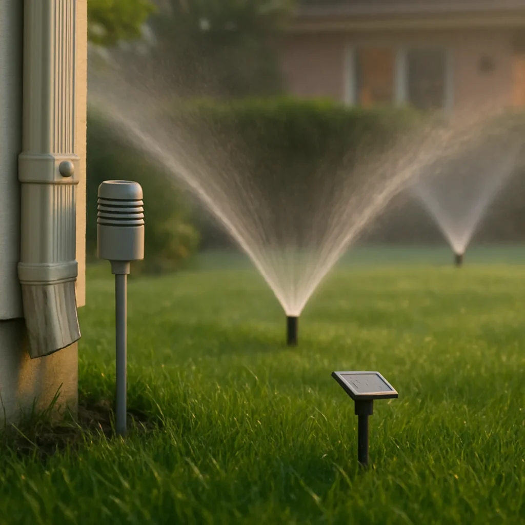 Automatyczne nawadnianie trawnika – pop-up zraszacze o świcie z czujnikiem deszczu przy rynnie i sondą wilgotności.
