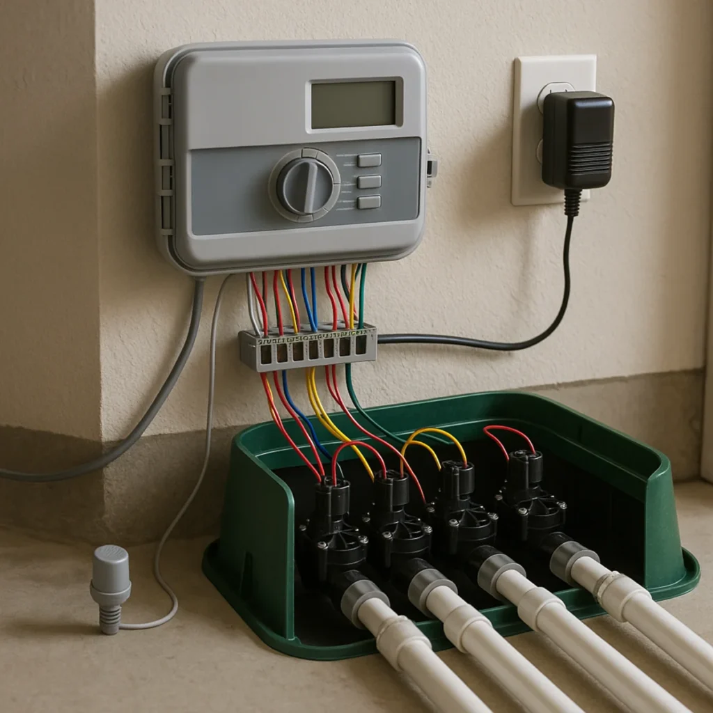 Sterownik nawadniania w garażu – panel 24 V z przewodami i skrzynką elektrozaworów do trawnika.