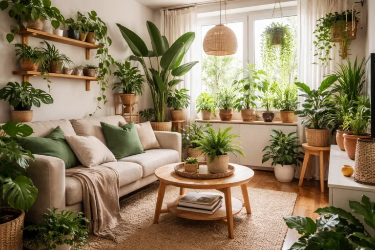 Strefa roślinna w małym mieszkaniu z dużą liczbą roślin doniczkowych, jasnym salonem, beżową sofą i drewnianymi półkami