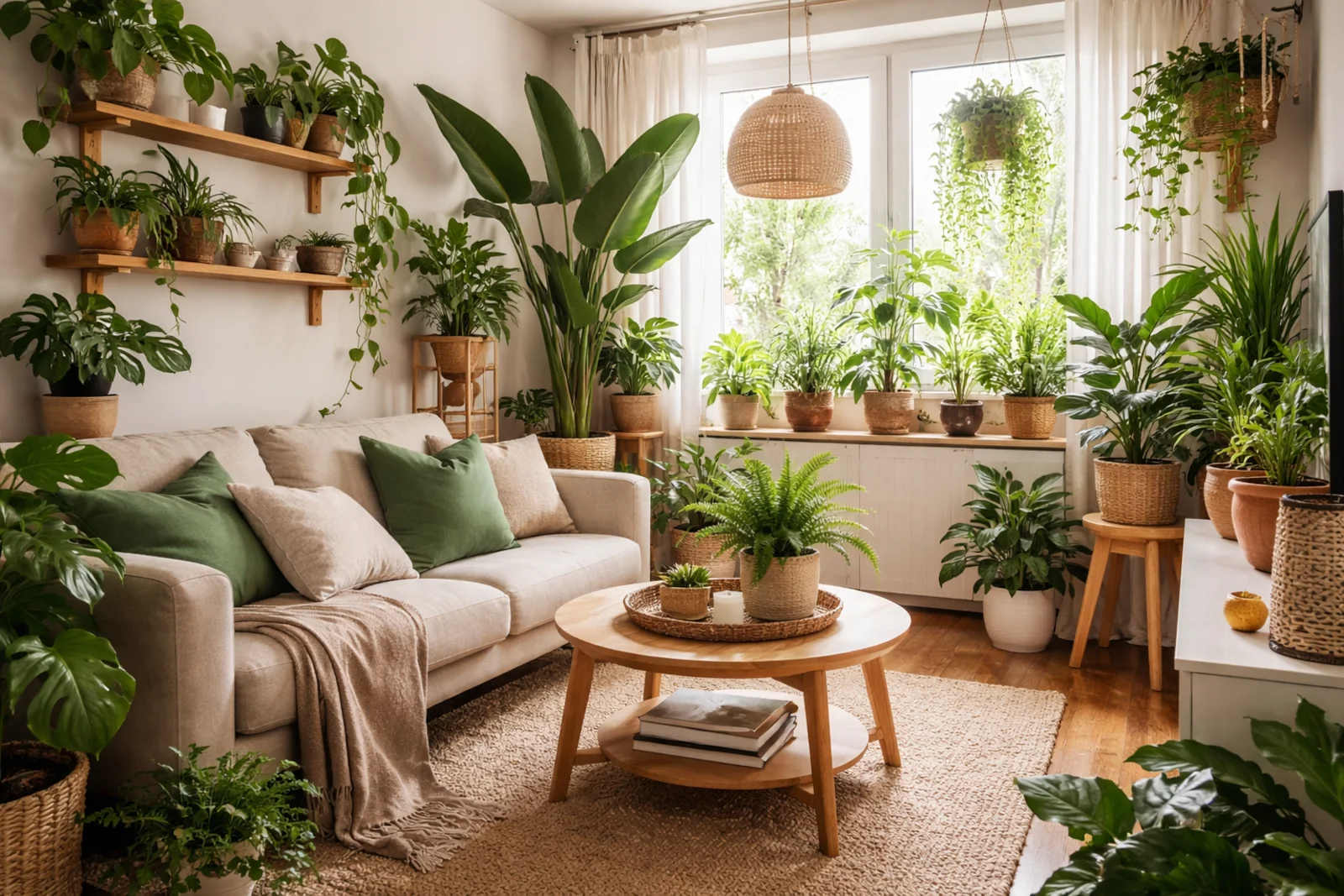 Strefa roślinna w małym mieszkaniu z dużą liczbą roślin doniczkowych, jasnym salonem, beżową sofą i drewnianymi półkami