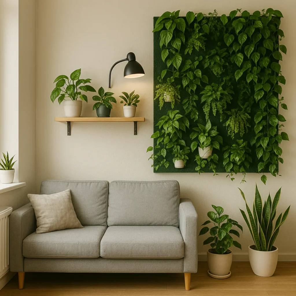 Strefa roślinna w mieszkaniu – pionowa kompozycja nad sofą i rośliny przy oknie