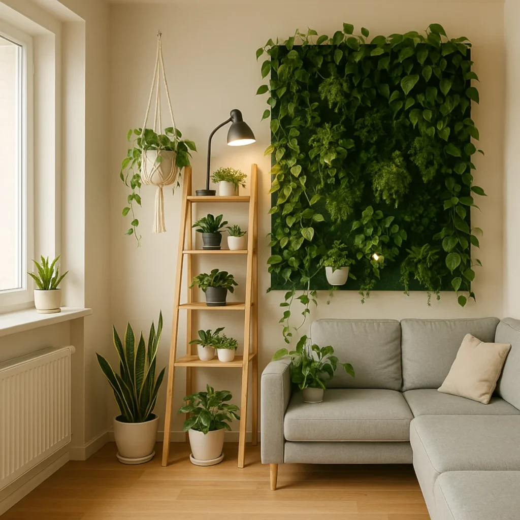 Strefa roślinna w mieszkaniu – salon 20 m² z zieloną ścianą, półką i małymi donicami