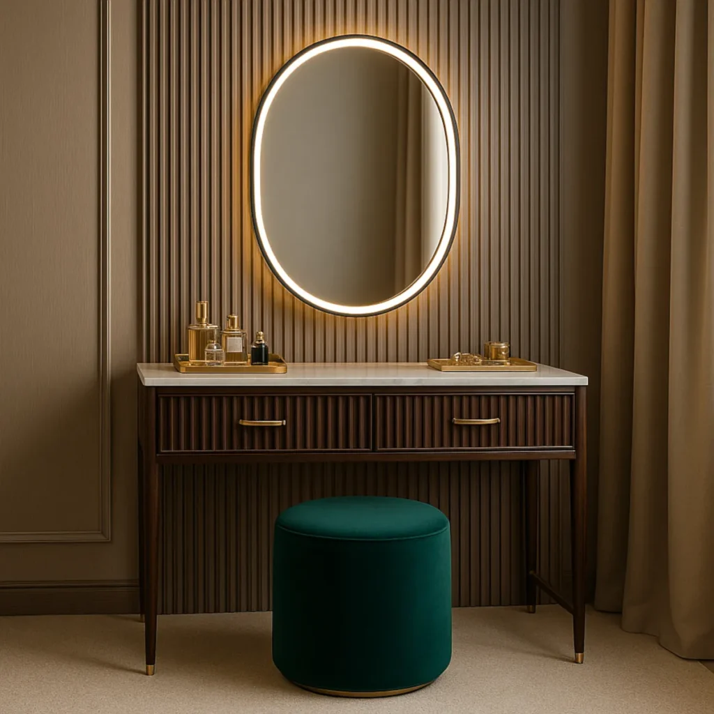 Elegancka toaletka z lustrem i szufladami w stylu art déco, ryflowane fronty z orzecha, mosiężne uchwyty, lustro z ringiem LED, pufa welurowa.