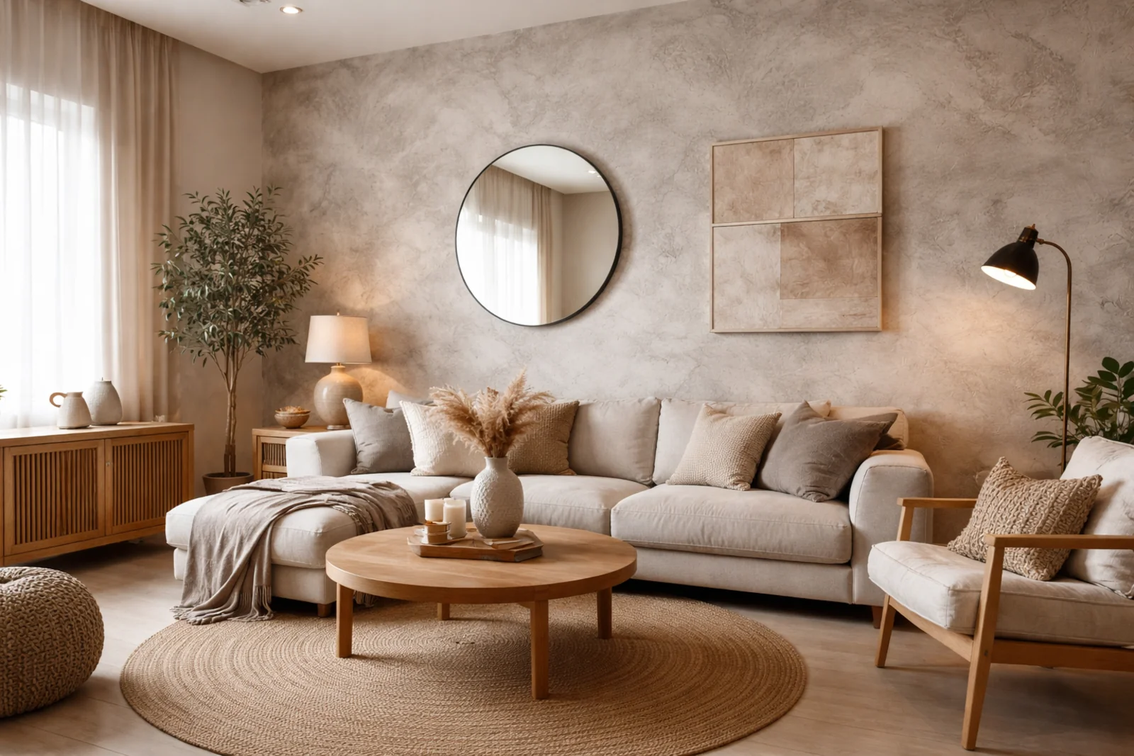 Salon z jasnym tynkiem dekoracyjnym na ścianie, beżową sofą, drewnianym stolikiem i naturalnymi dodatkami w nowoczesnej aranżacji