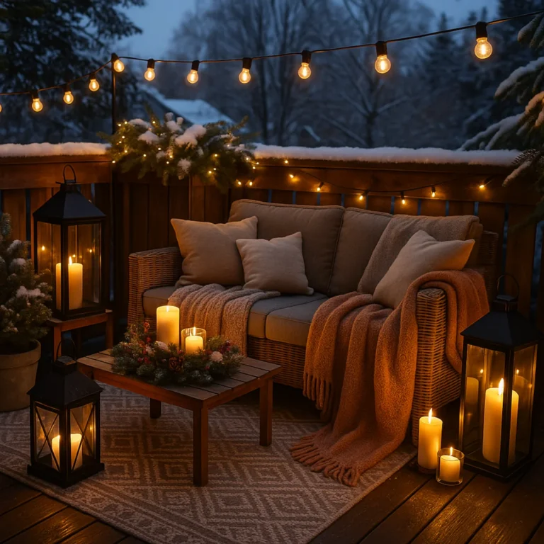 Przytulny zimowy taras z rattanową sofą, kocami, poduszkami i lampionami