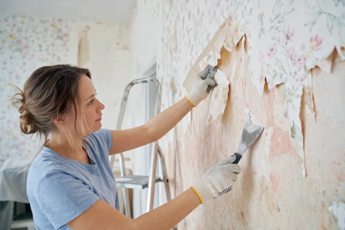 Kobieta zrywa starą tapetę ze ściany w pokoju dziecka podczas domowego remontu