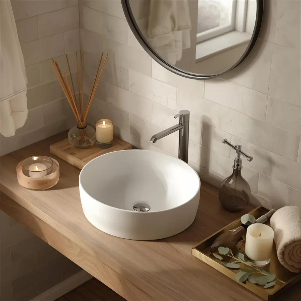 Akcesoria wellness na prezent przy umywalce w nowej łazience – świece, dyfuzor zapachowy i ręcznik na drewnianym blacie