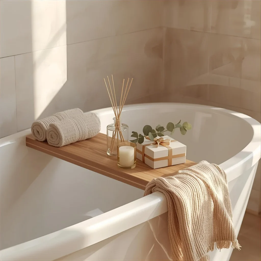 Akcesoria wellness na prezent ułożone na półce nad wanną – ręczniki, dyfuzor, świeca i pudełko prezentowe w nowej łazience