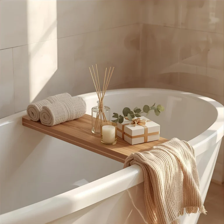 Akcesoria wellness na prezent ułożone na półce nad wanną – ręczniki, dyfuzor, świeca i pudełko prezentowe w nowej łazience