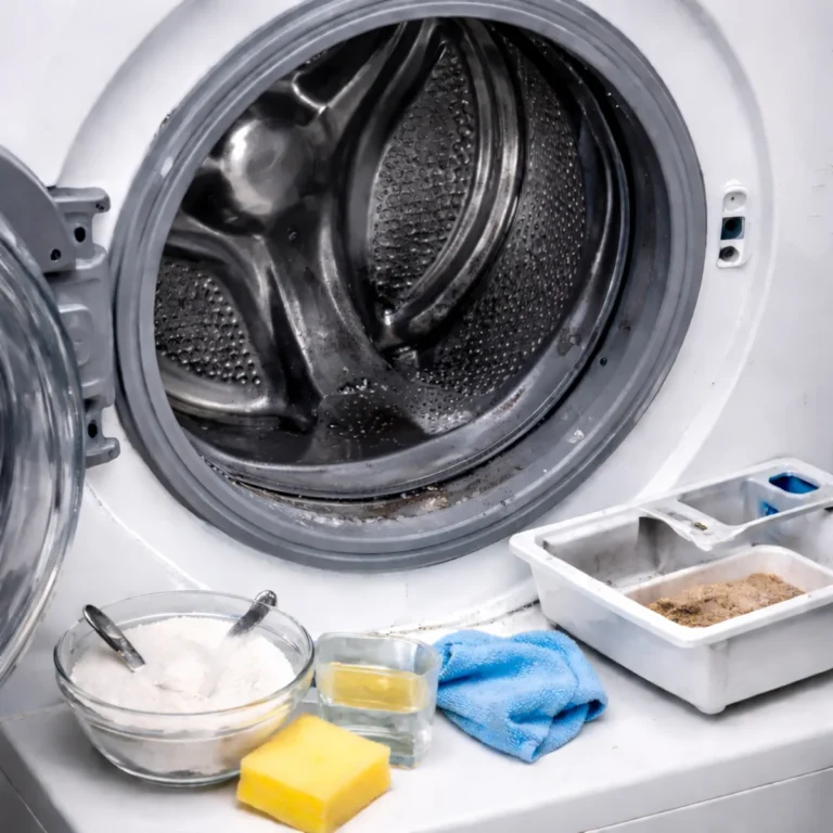 Czyszczenie pralki octem – otwarty bęben pralki i domowe środki do usuwania kamienia oraz zapachu