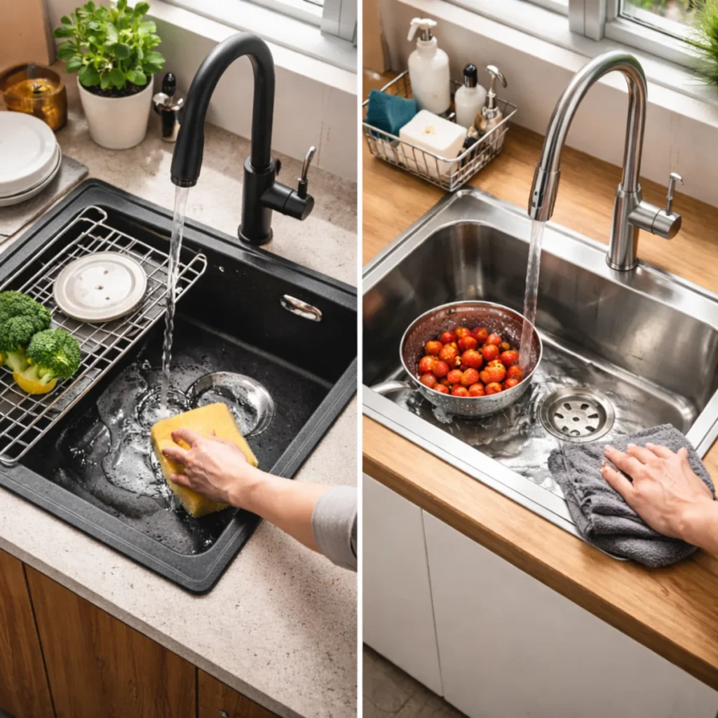 Czyszczenie zlewu granitowego i stalowego – porównanie pielęgnacji, gąbka i ściereczka z mikrofibry