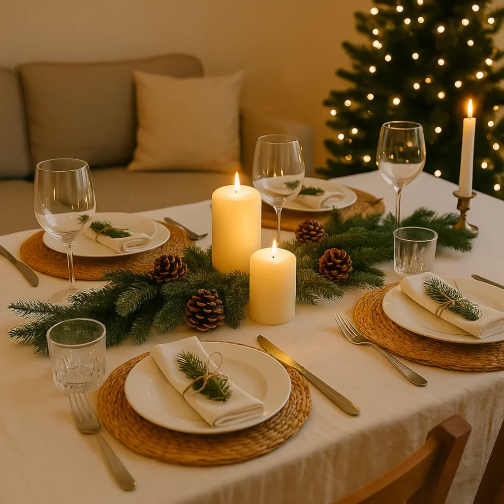 Świąteczne dekoracje stołu na Wigilię z gałązkami świerku, szyszkami i świecami