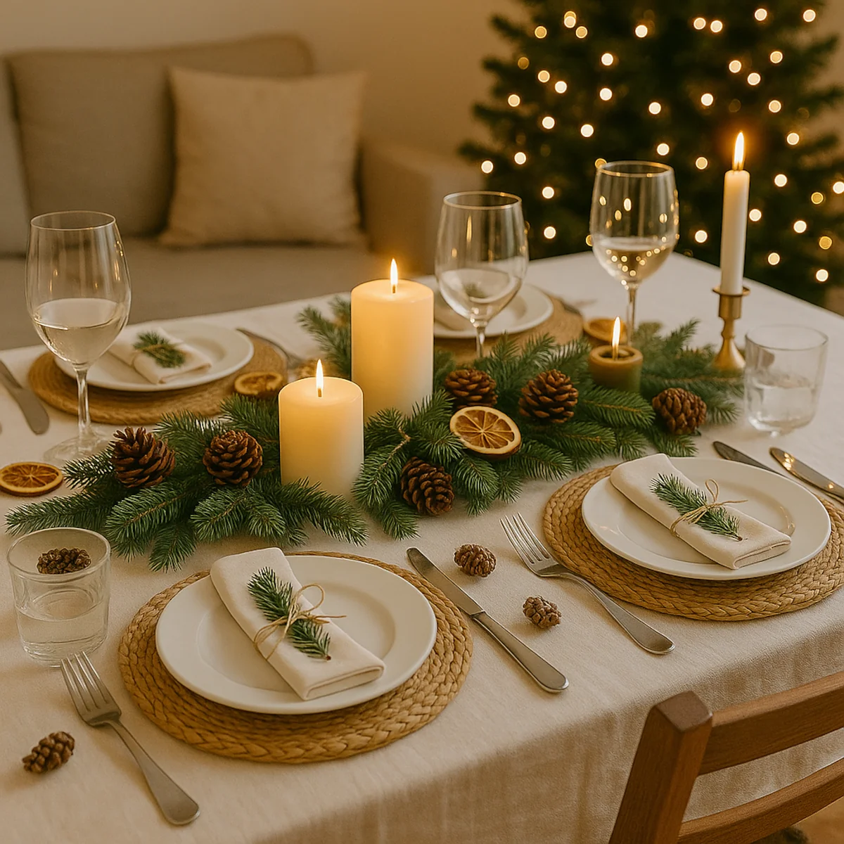 Bogato udekorowany stół na Wigilię z gałązkami świerku, szyszkami i suszonymi pomarańczami