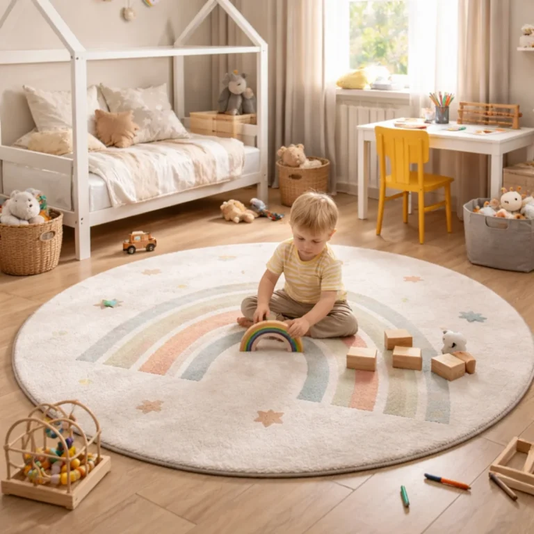 Dywan do pokoju dziecka w jasnym wnętrzu – okrągły dywan z tęczą i zabawa klockami na podłodze