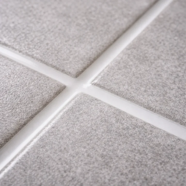 Zbliżenie na fugę epoksydową w łazience, równe spoiny między szarymi płytkami