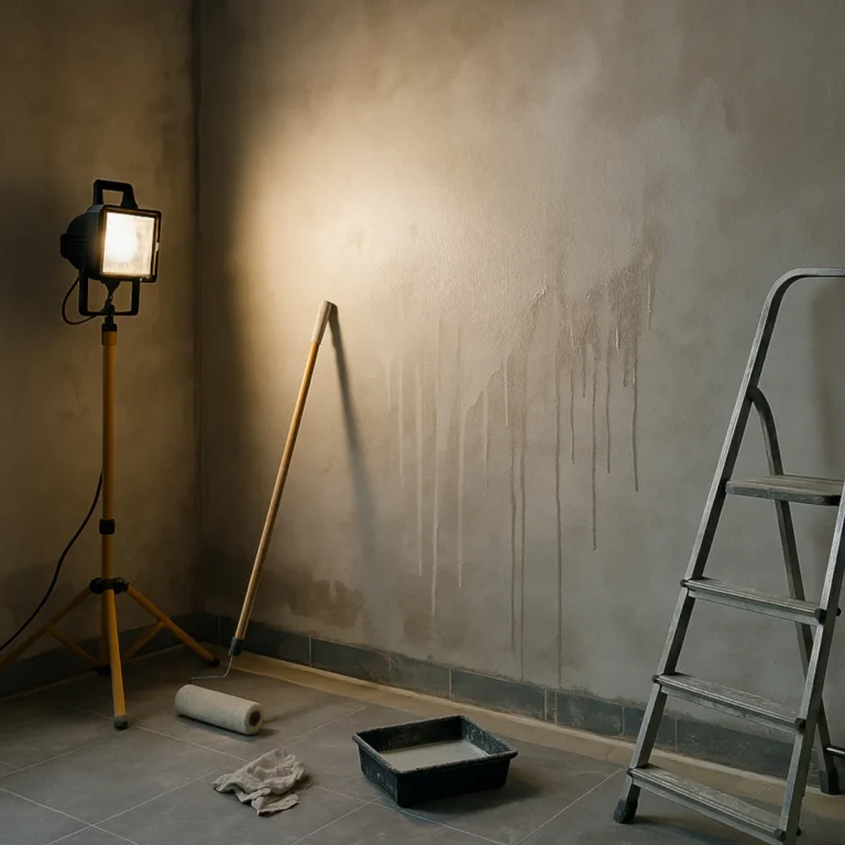 Gruntowanie przed malowaniem – zacieki po zbyt obfitym gruntowaniu widoczne pod lampą roboczą w łazience