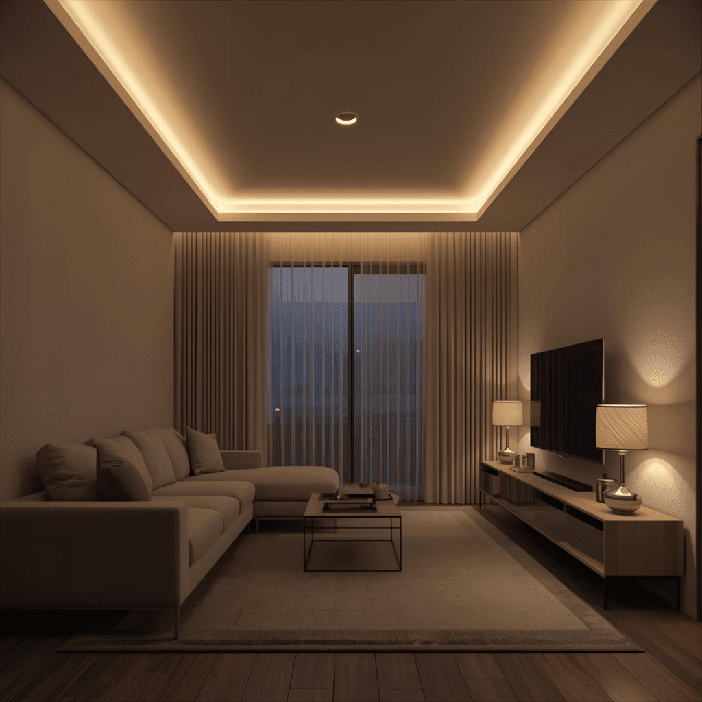 Nowoczesny salon z podwieszanym sufitem i taśmą LED o ciepłej barwie