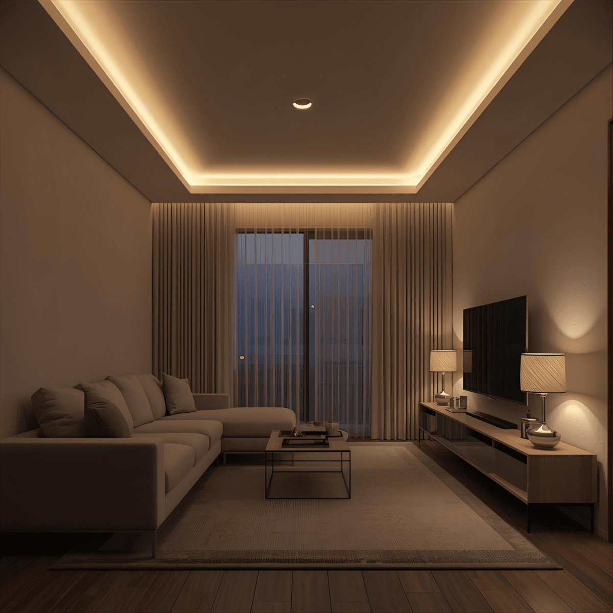 Nowoczesny salon z podwieszanym sufitem i taśmą LED o ciepłej barwie