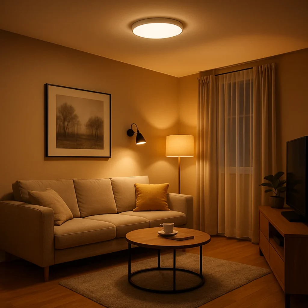 Przytulny salon nocą z jasną sofą i lampą LED na suficie o ciepłej barwie