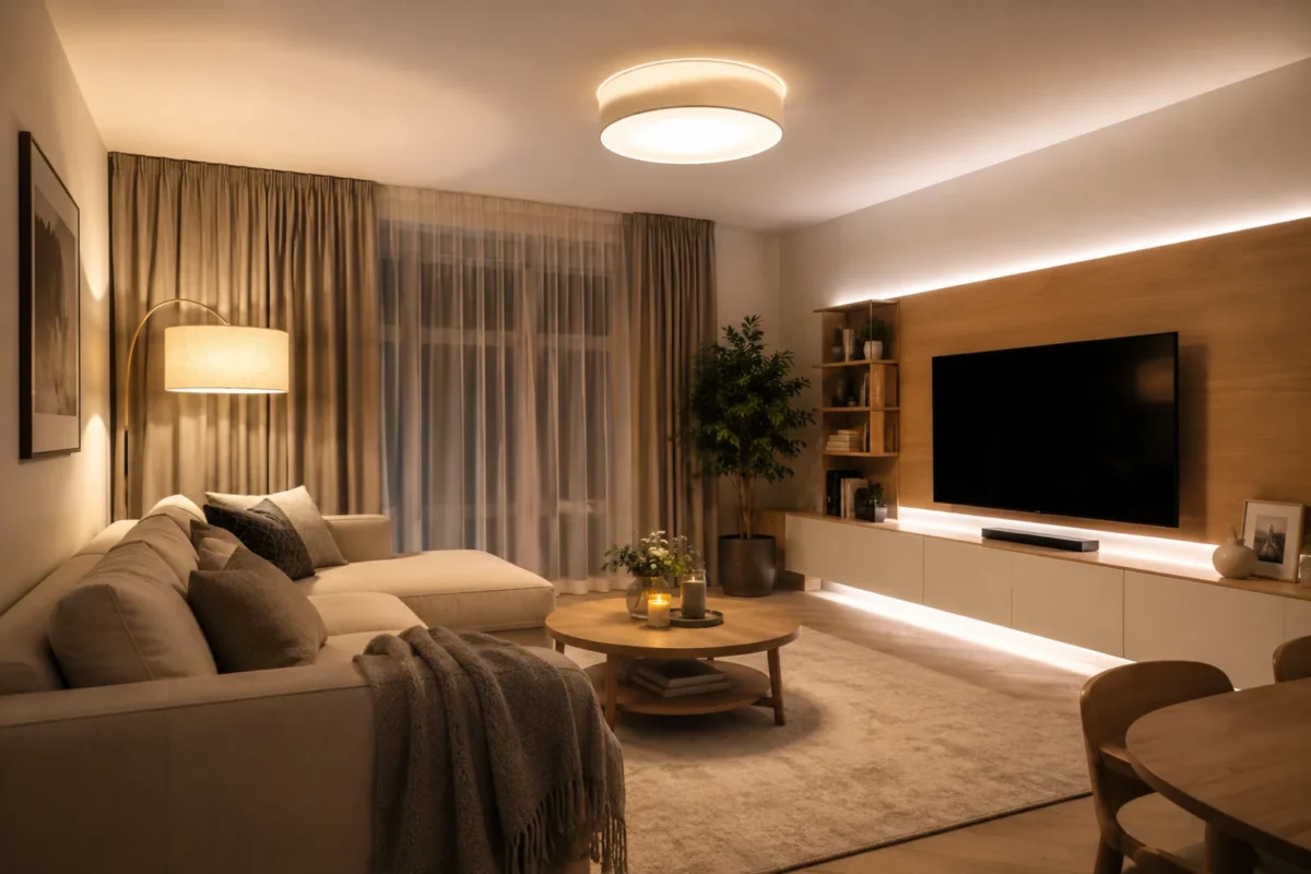 Nowoczesny salon z lampami LED z regulacją barwy, ciepłym oświetleniem sufitowym, lampą stojącą i podświetleniem ściany RTV