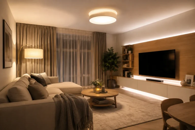 Nowoczesny salon z lampami LED z regulacją barwy, ciepłym oświetleniem sufitowym, lampą stojącą i podświetleniem ściany RTV