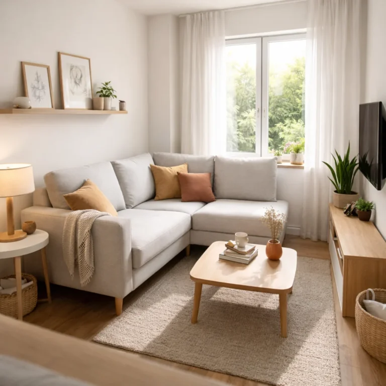 Aranżacja małego salonu z narożnikiem przy oknie – jasny narożnik, stolik i telewizor na ścianie