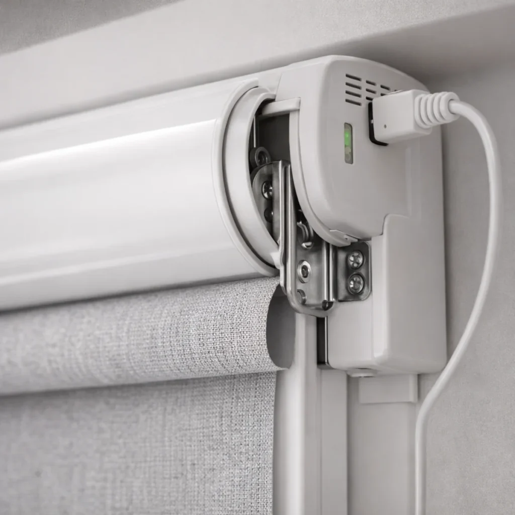 Zbliżenie na mechanizm rolety smart bez przewodów, kaseta i mocowanie z silnikiem rolety