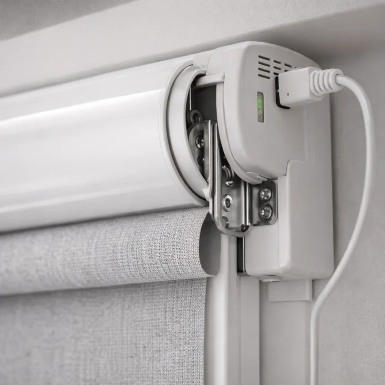 Zbliżenie na mechanizm rolety smart bez przewodów, kaseta i mocowanie z silnikiem rolety