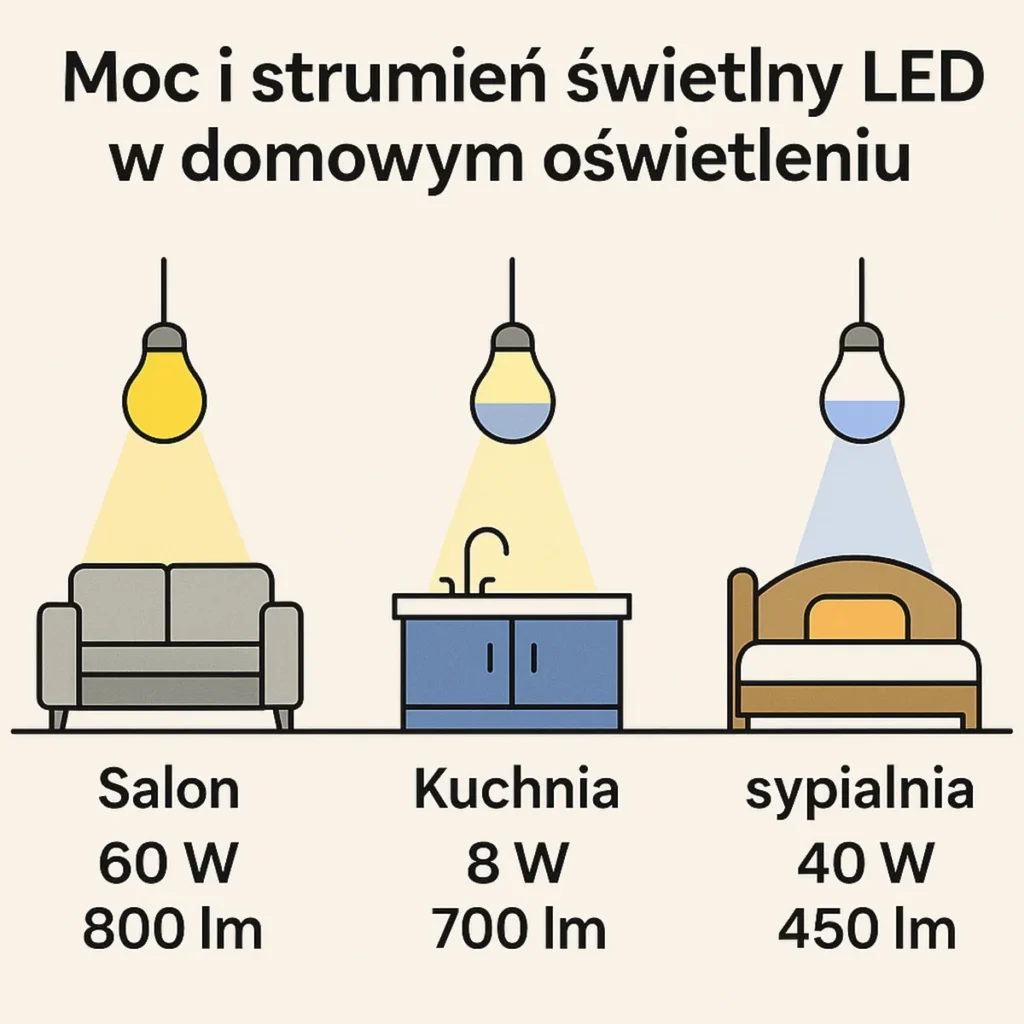 Infografika moc i strumień świetlny żarówek LED w salonie kuchni i sypialni