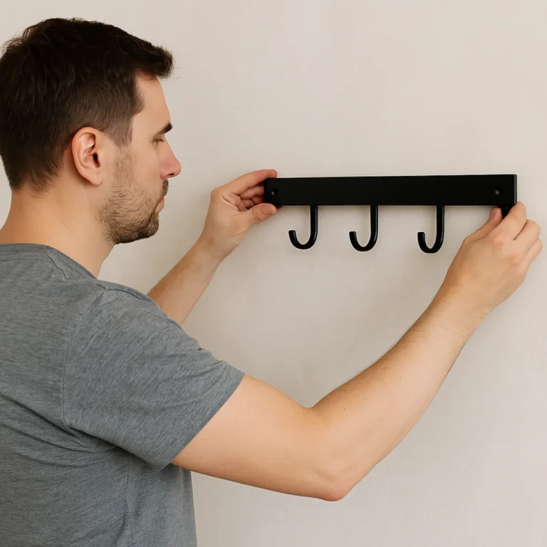 Mężczyzna montuje czarny wieszak na ubrania na jasnej ścianie w przedpokoju